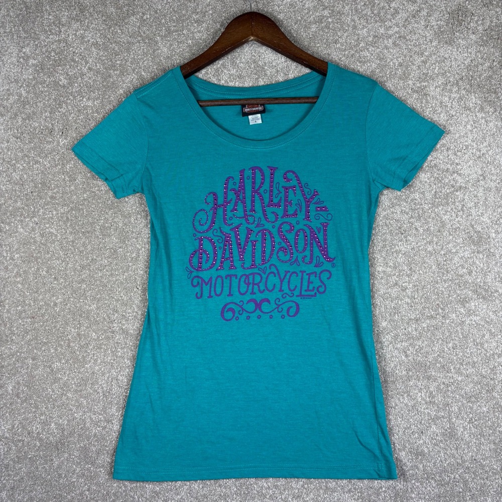 Harley Davidson Womens Teal Purple Rhinestone Graphic T-Shirt Small Mile High CO